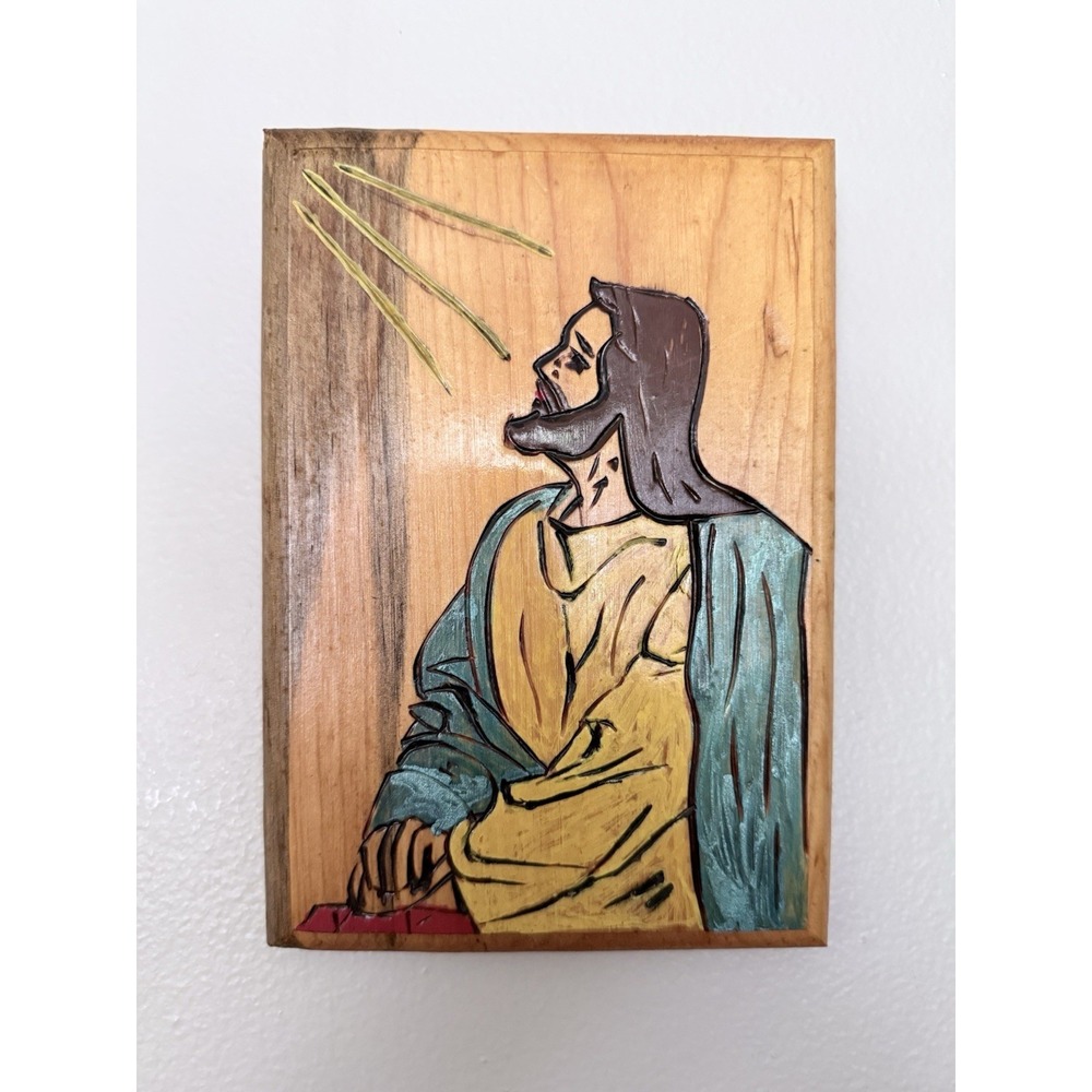 Vintage Jesus Christ Religious Wood‎ Plaque Hand Carved & Painted Art 6"x7.5"